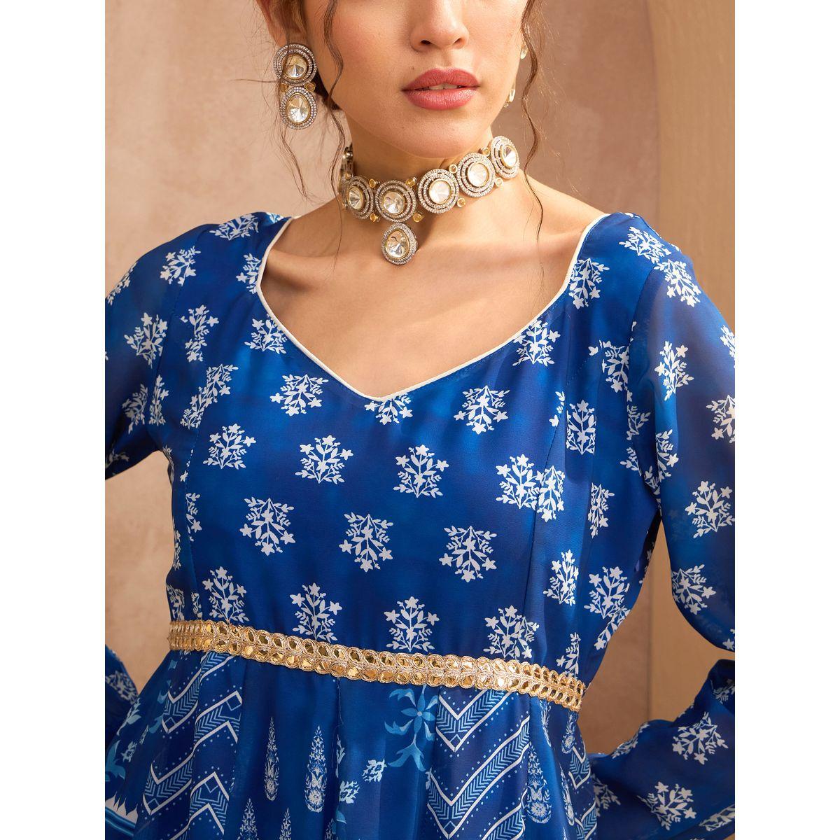 مجموعة من بنطال بالازو مع كورتا اناركالي بطبعة زهور-women-clothing-ethnicwear-kurtasets-image-4