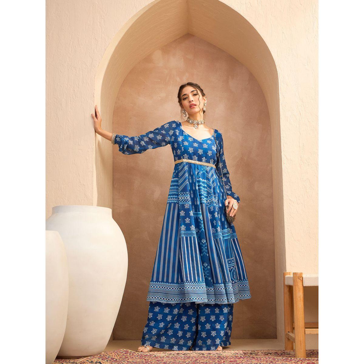 مجموعة من بنطال بالازو مع كورتا اناركالي بطبعة زهور-women-clothing-ethnicwear-kurtasets-image-5