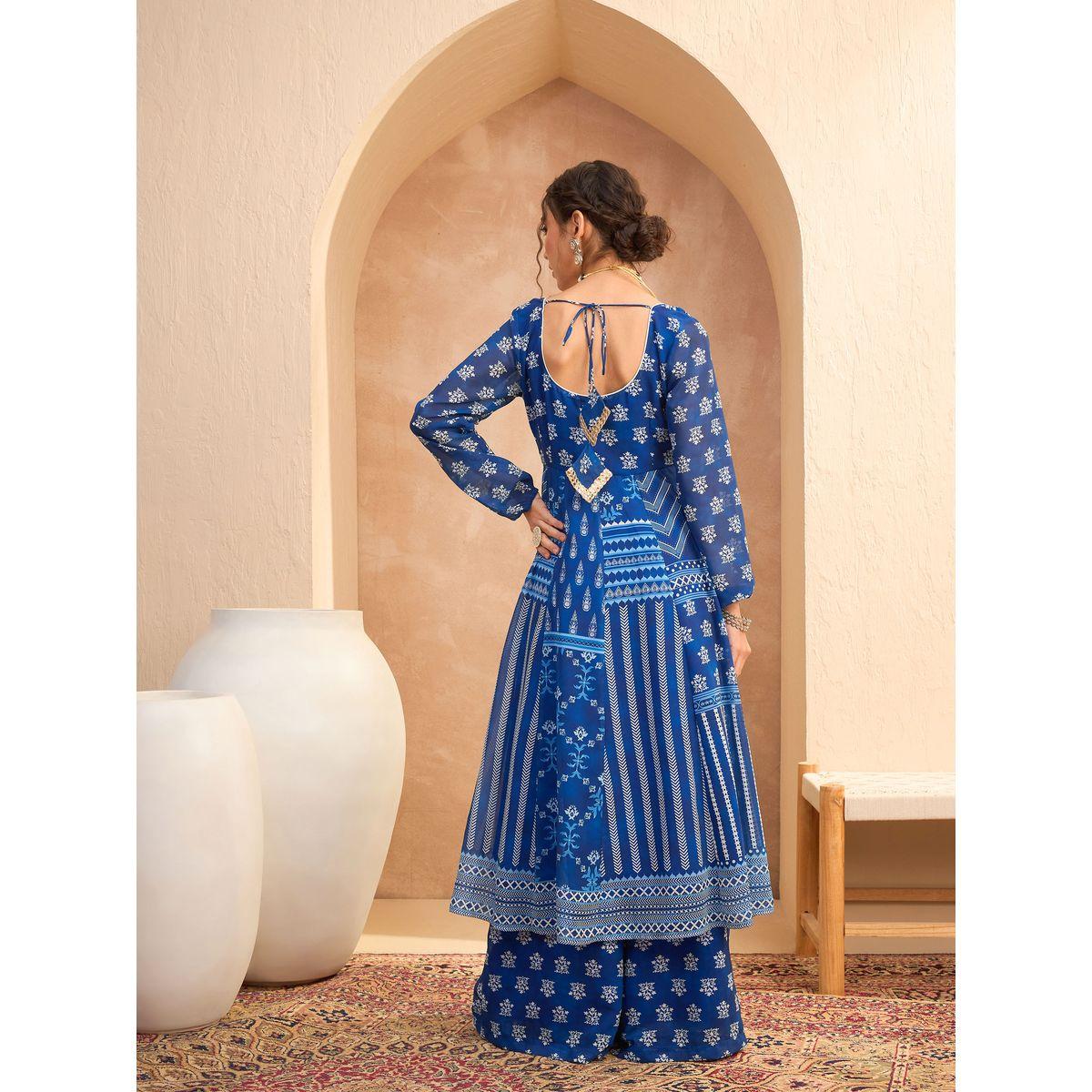 مجموعة من بنطال بالازو مع كورتا اناركالي بطبعة زهور-women-clothing-ethnicwear-kurtasets-image-6