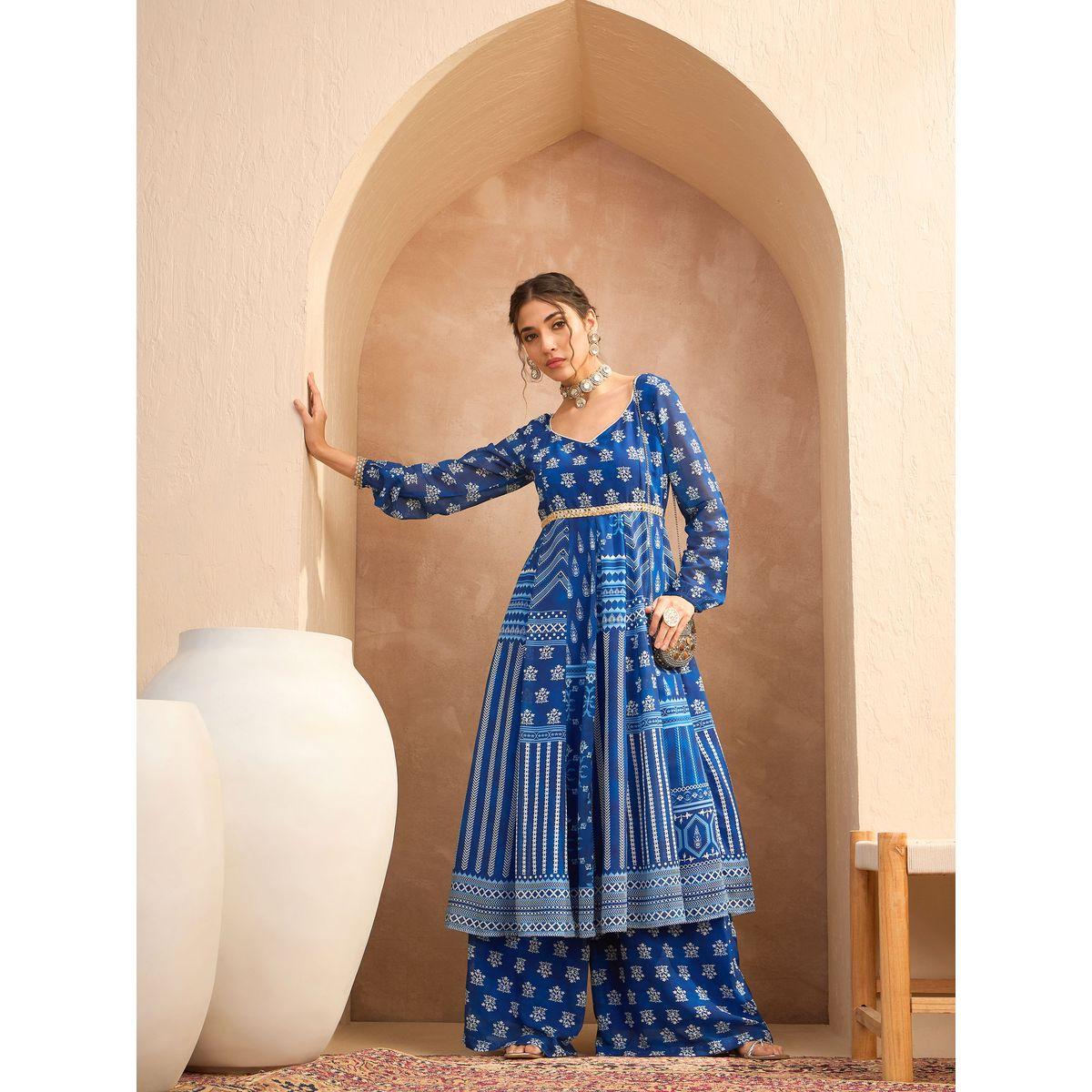 مجموعة من بنطال بالازو مع كورتا اناركالي بطبعة زهور-women-clothing-ethnicwear-kurtasets-image-9