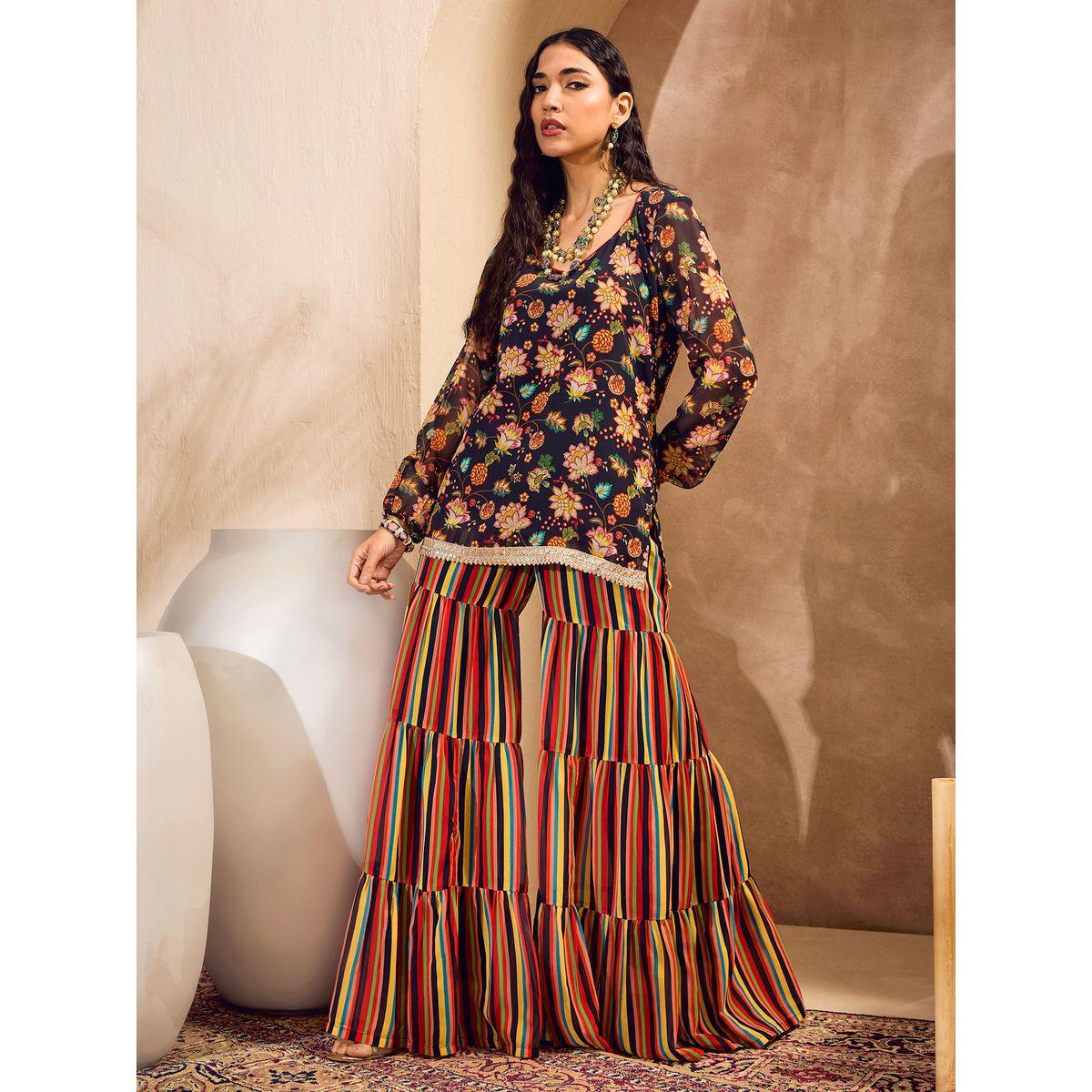 مجموعة من بنطال شرارة مع كورتا بطبعة زهور-women-clothing-ethnicwear-kurtasets-image-1