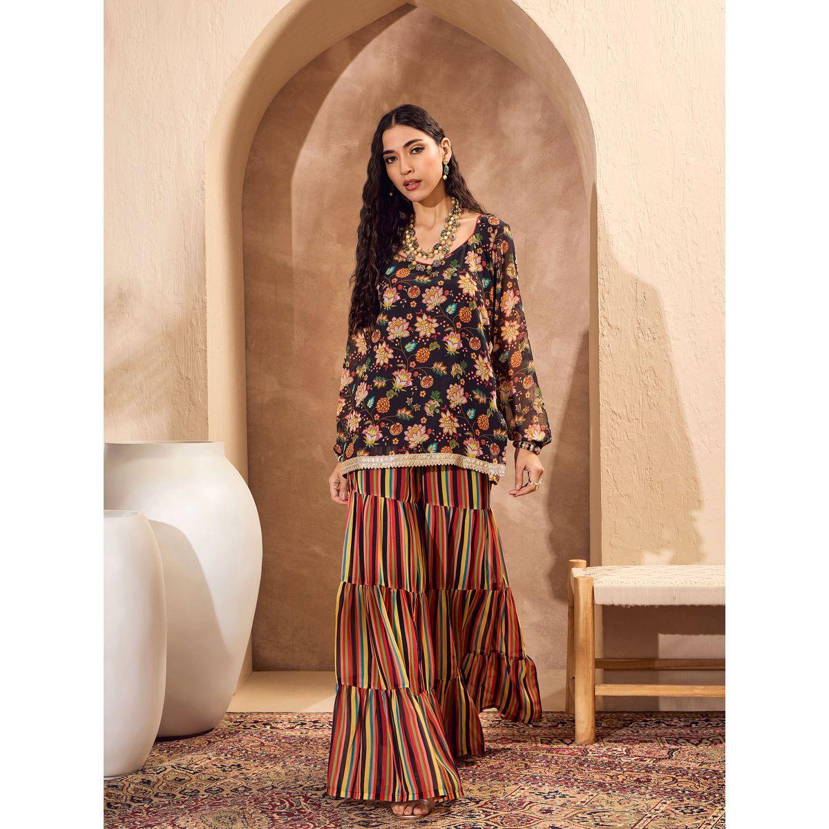 مجموعة من بنطال شرارة مع كورتا بطبعة زهور-women-clothing-ethnicwear-kurtasets-image-10