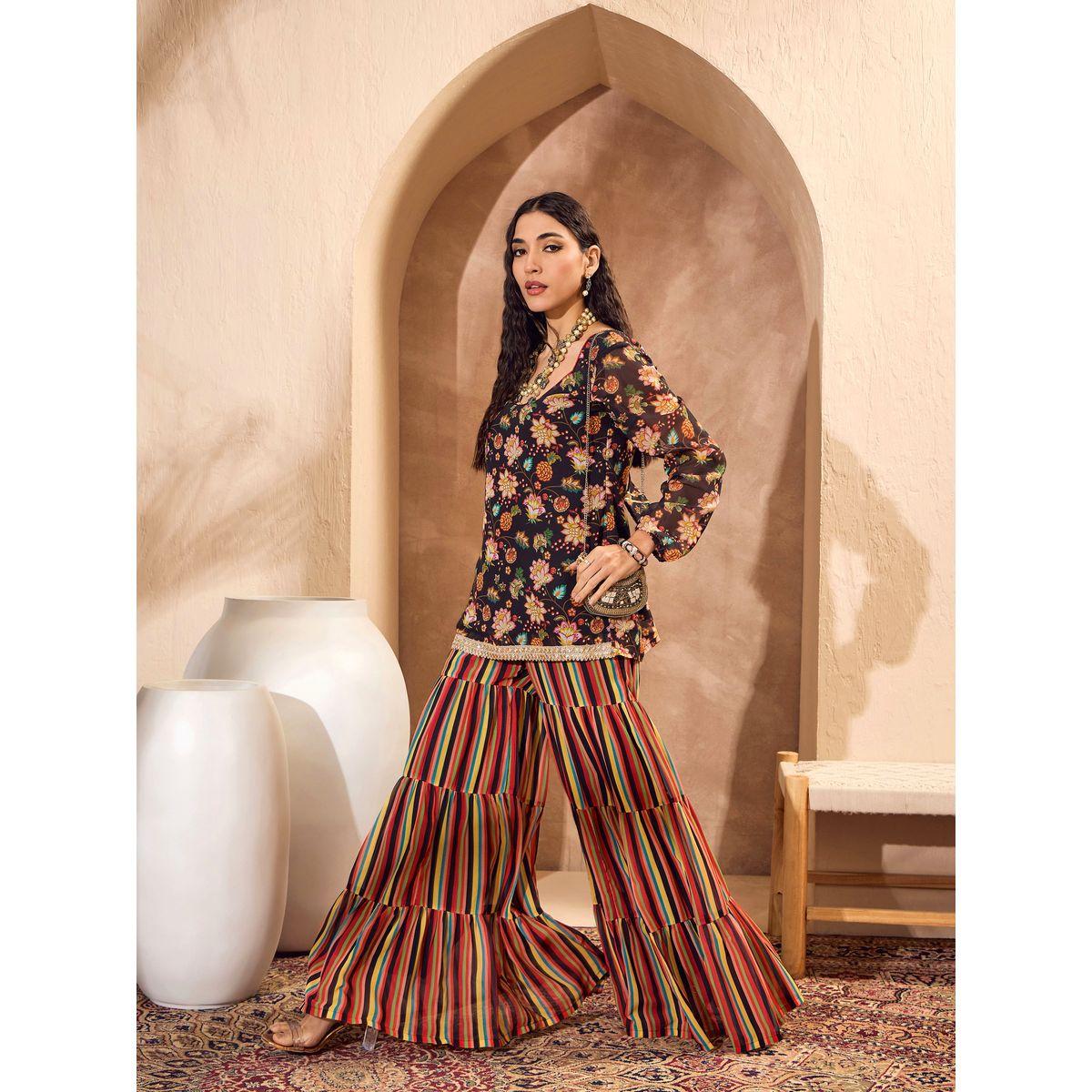 Sassafras Floral Print Wide Neck Kurta with Tiered Sharara Set-women-clothing-ethnicwear-kurtasets-image-13