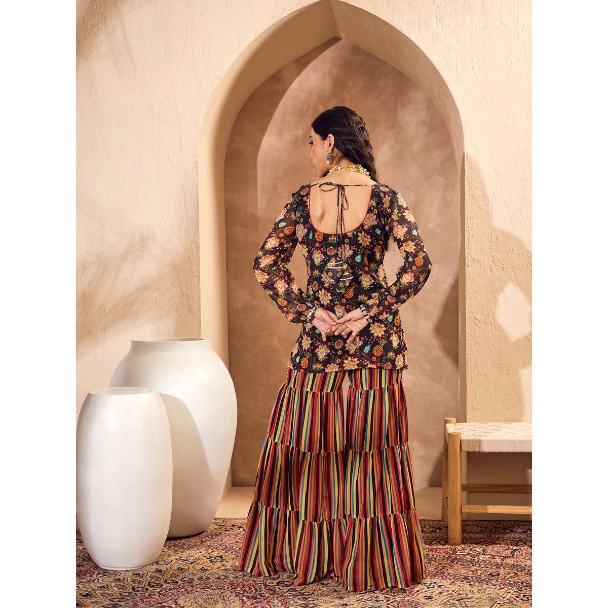 Sassafras Floral Print Wide Neck Kurta with Tiered Sharara Set-women-clothing-ethnicwear-kurtasets-image-2