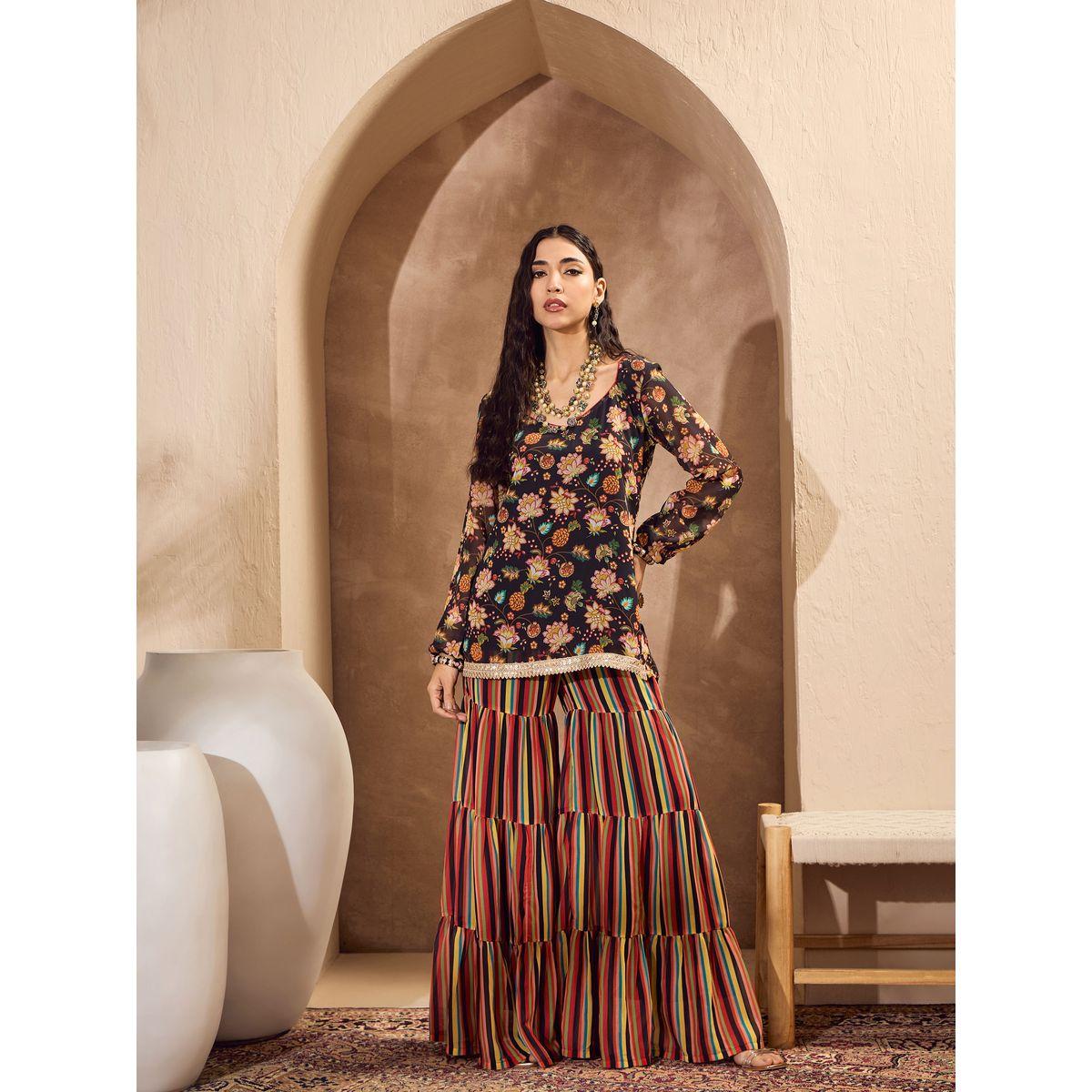 مجموعة من بنطال شرارة مع كورتا بطبعة زهور-women-clothing-ethnicwear-kurtasets-image-4