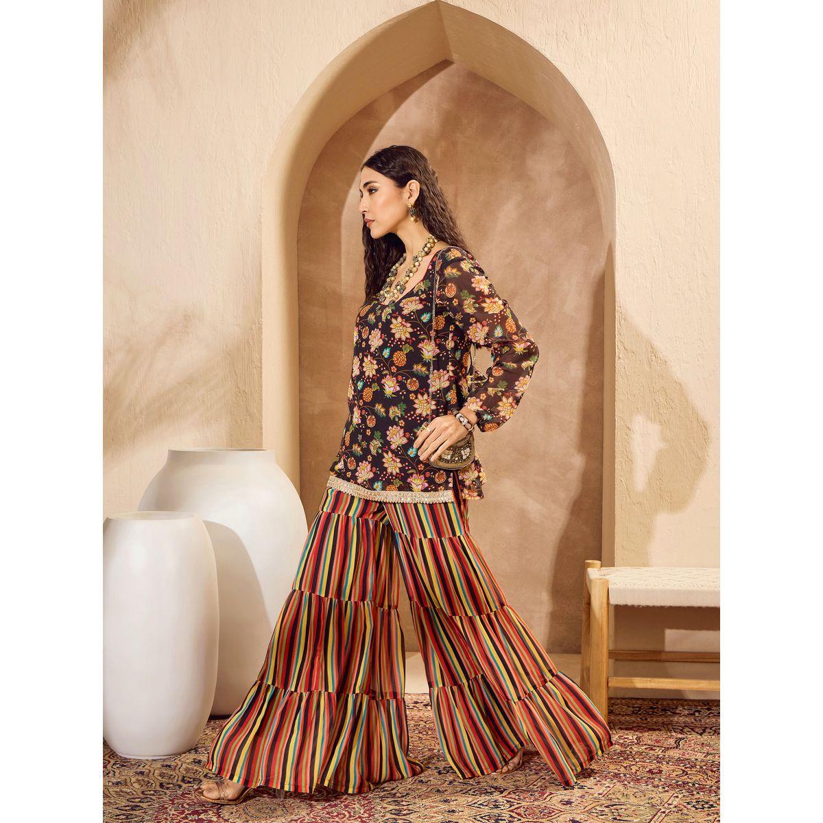 Sassafras Floral Print Wide Neck Kurta with Tiered Sharara Set-women-clothing-ethnicwear-kurtasets-image-8