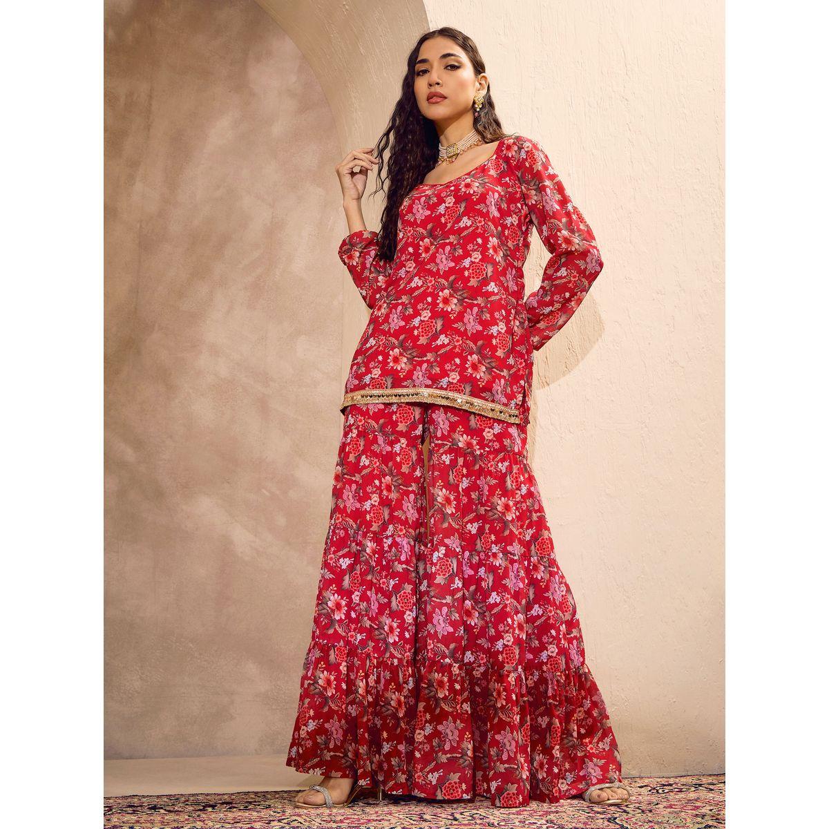 Sassafras Floral Print Wide Neck Kurta with Tiered Sharara Set-women-clothing-ethnicwear-kurtasets-image-1