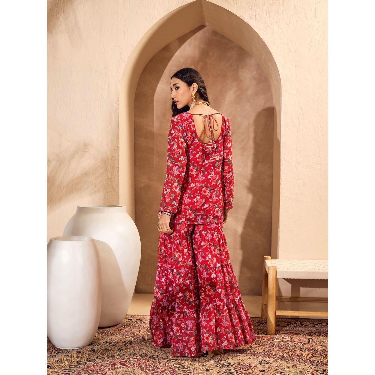 Sassafras Floral Print Wide Neck Kurta with Tiered Sharara Set-women-clothing-ethnicwear-kurtasets-image-10
