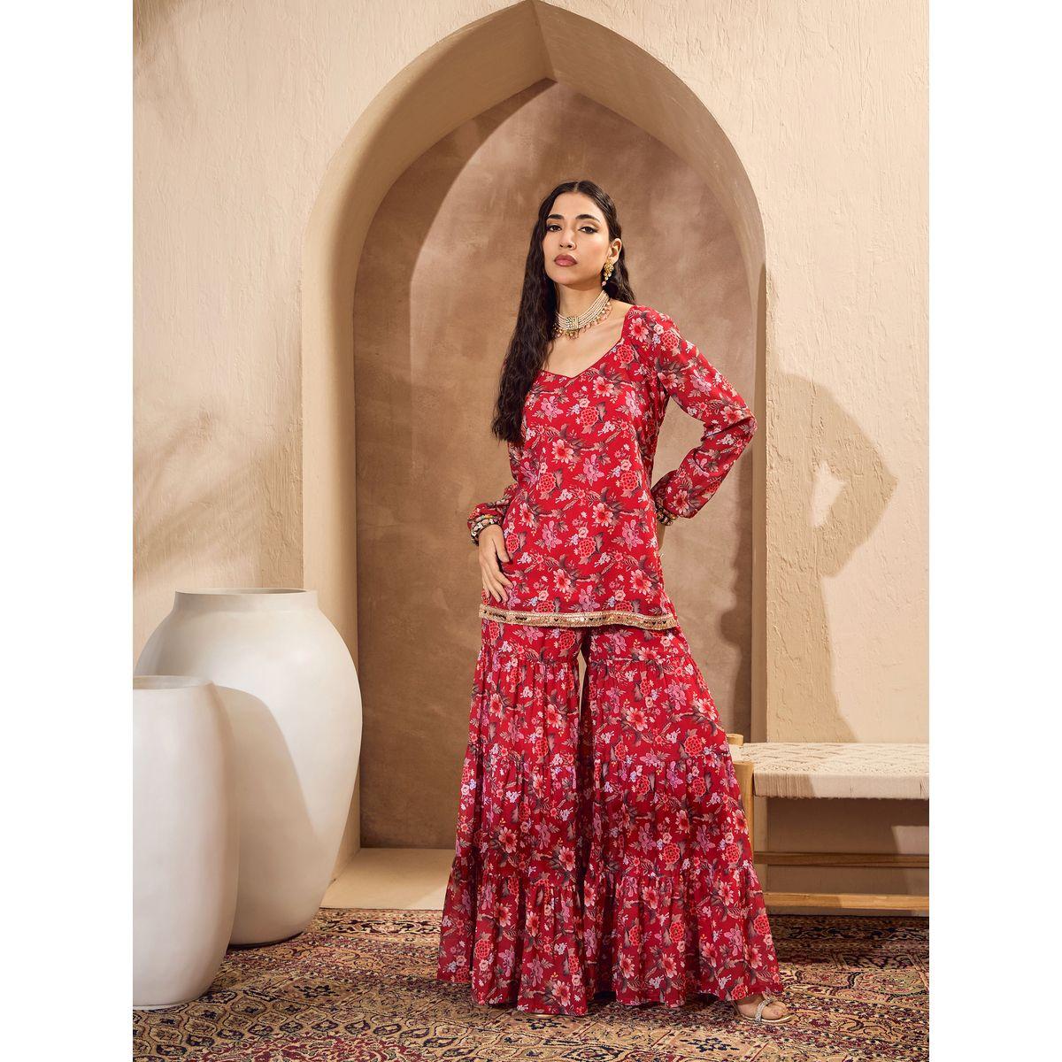 مجموعة من بنطال شرارة مع كورتا بطبعة زهور-women-clothing-ethnicwear-kurtasets-image-3