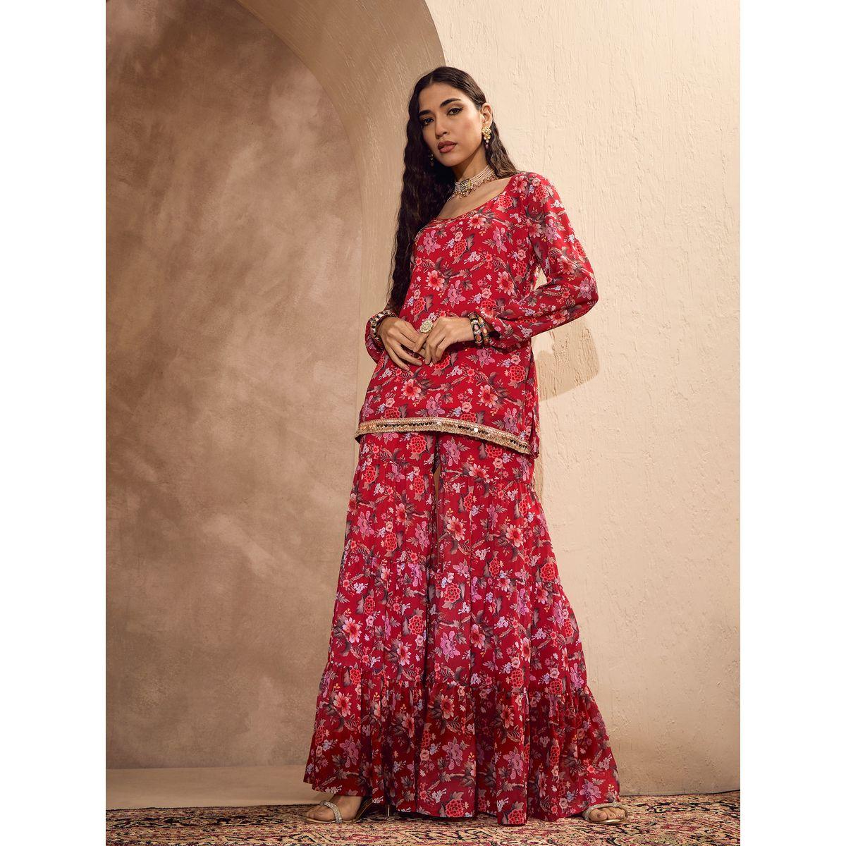 مجموعة من بنطال شرارة مع كورتا بطبعة زهور-women-clothing-ethnicwear-kurtasets-image-4