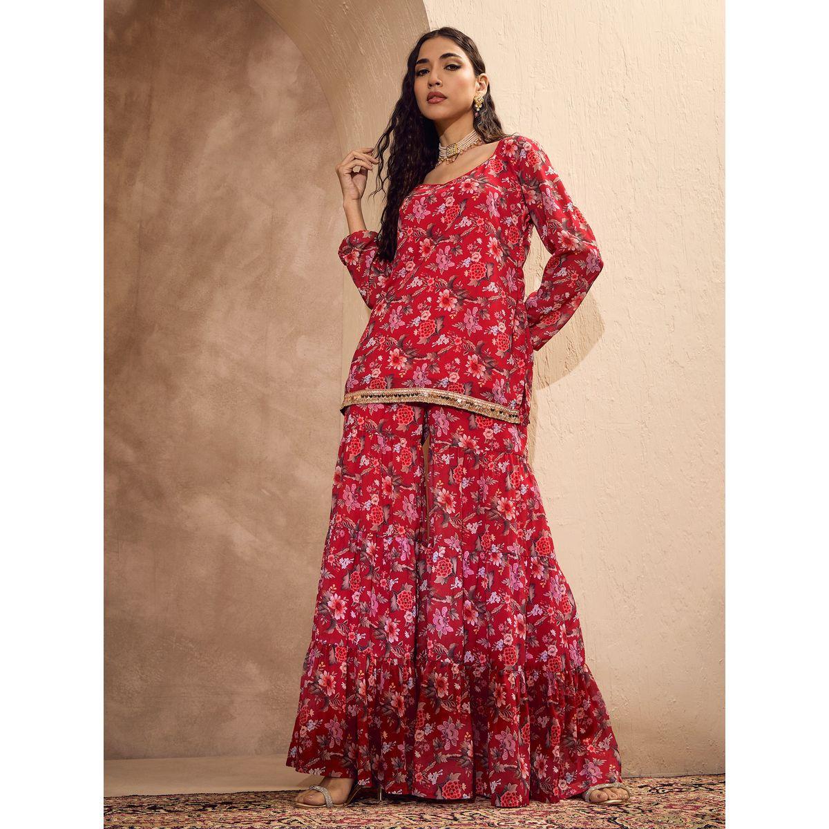 مجموعة من بنطال شرارة مع كورتا بطبعة زهور-women-clothing-ethnicwear-kurtasets-image-5