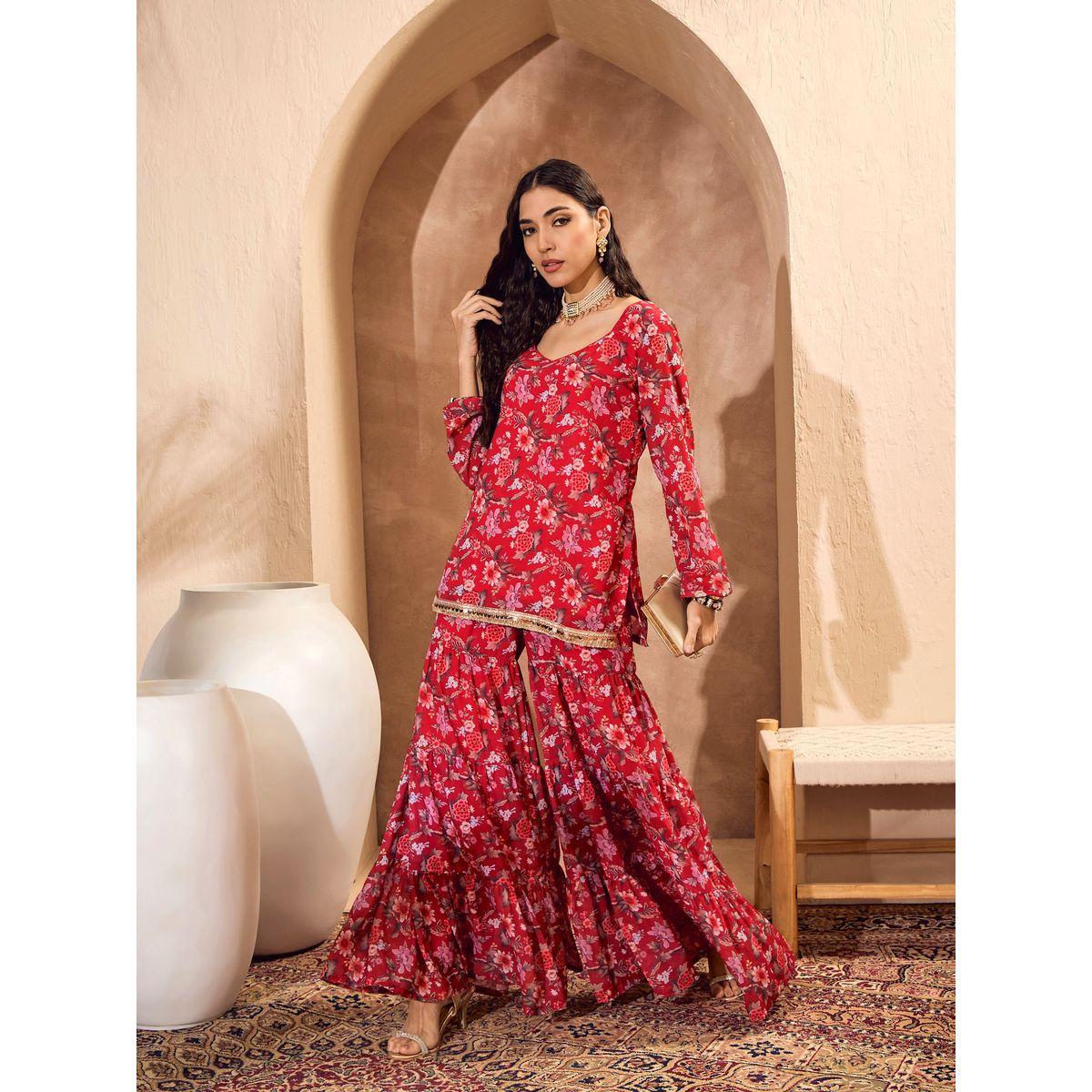 مجموعة من بنطال شرارة مع كورتا بطبعة زهور-women-clothing-ethnicwear-kurtasets-image-6