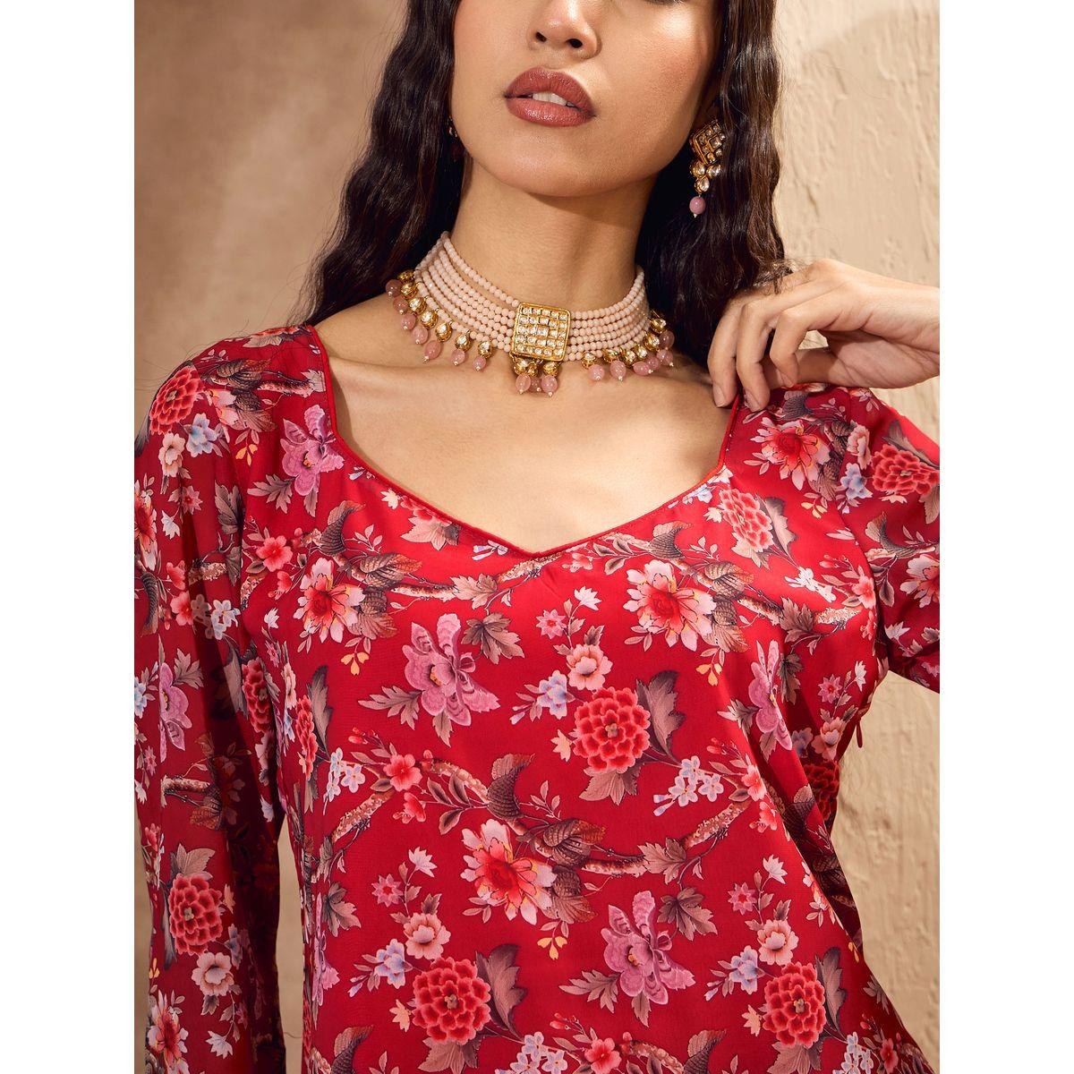مجموعة من بنطال شرارة مع كورتا بطبعة زهور-women-clothing-ethnicwear-kurtasets-image-8