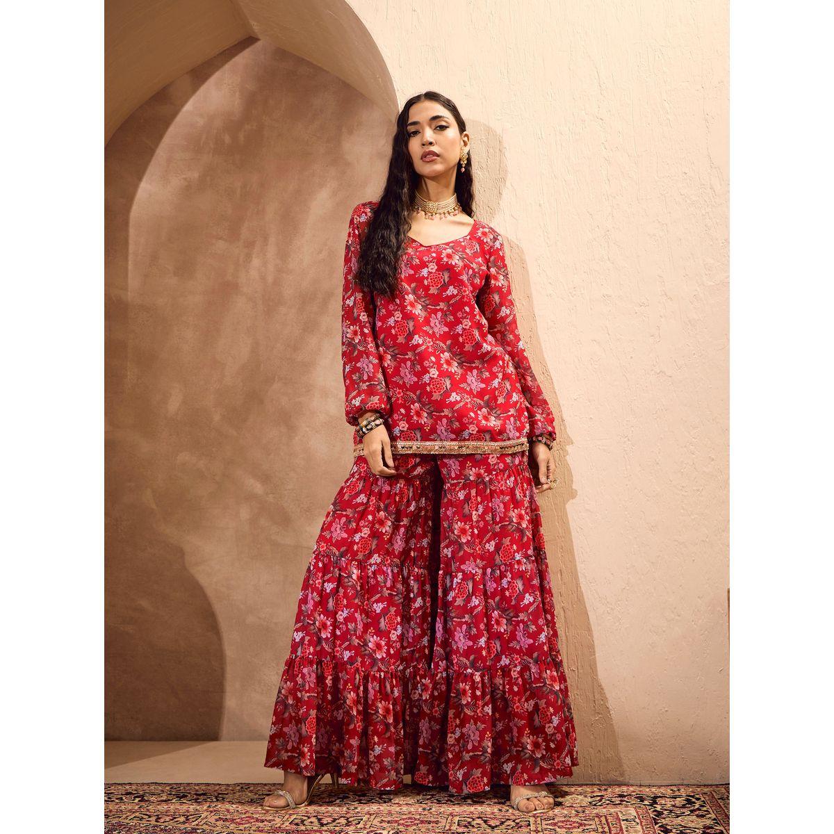 Sassafras Floral Print Wide Neck Kurta with Tiered Sharara Set-women-clothing-ethnicwear-kurtasets-image-9