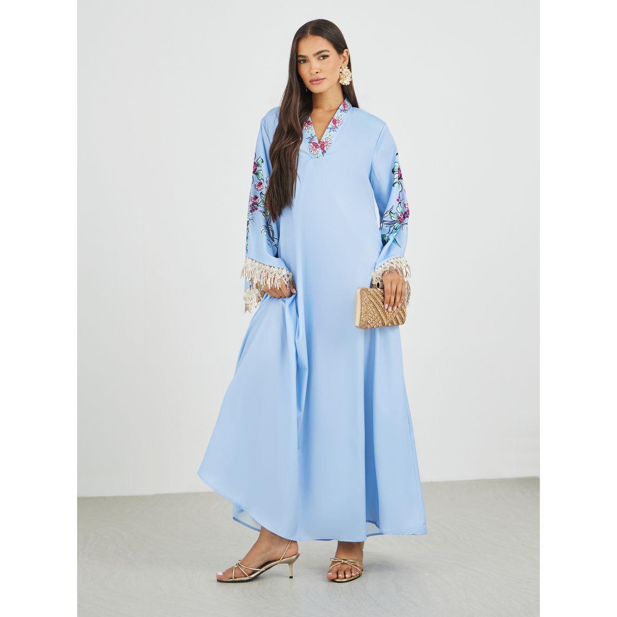أميرة x ستايلي جلابية بطبعة زهور وأكمام طويلة مع شراشيب-women-arabicclothing-jalabiyas-image-1