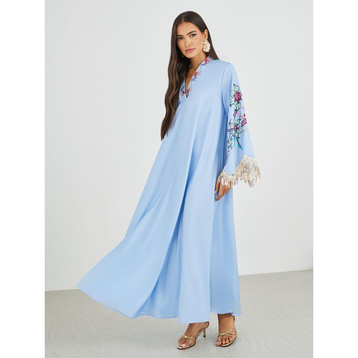 أميرة x ستايلي جلابية بطبعة زهور وأكمام طويلة مع شراشيب-women-arabicclothing-jalabiyas-image-2