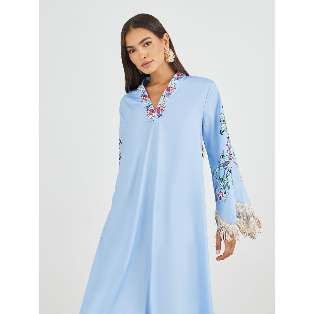 أميرة x ستايلي جلابية بطبعة زهور وأكمام طويلة مع شراشيب-women-arabicclothing-jalabiyas-image-3