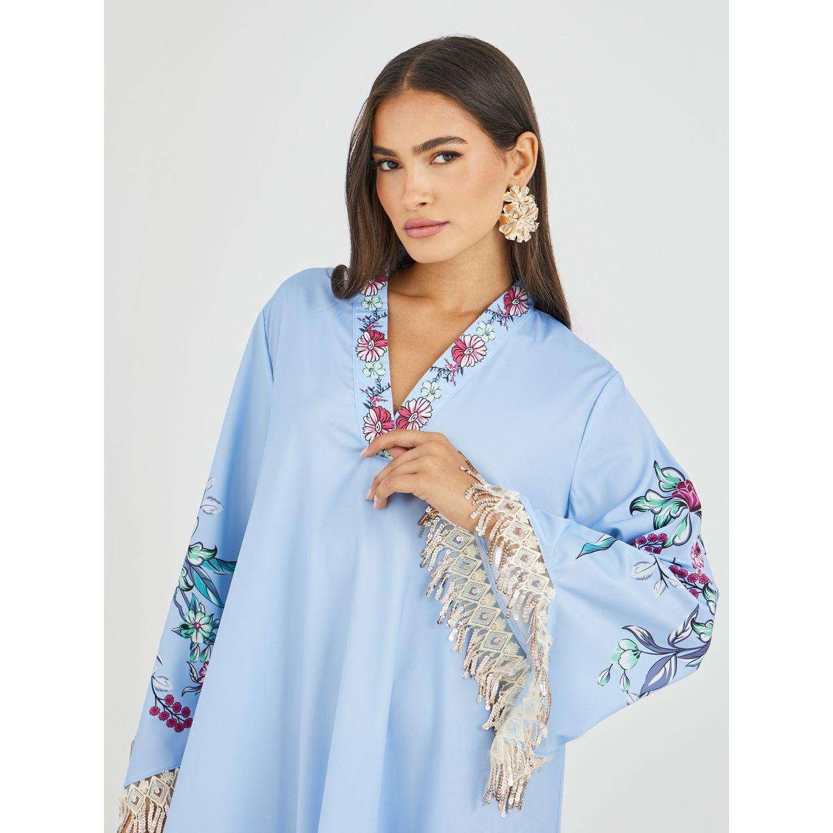 أميرة x ستايلي جلابية بطبعة زهور وأكمام طويلة مع شراشيب-women-arabicclothing-jalabiyas-image-4