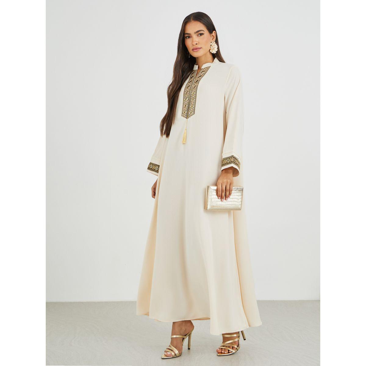 جلابية بتفاصيل شراشيب مع تداخل دانتيل-women-arabicclothing-jalabiyas-image-1