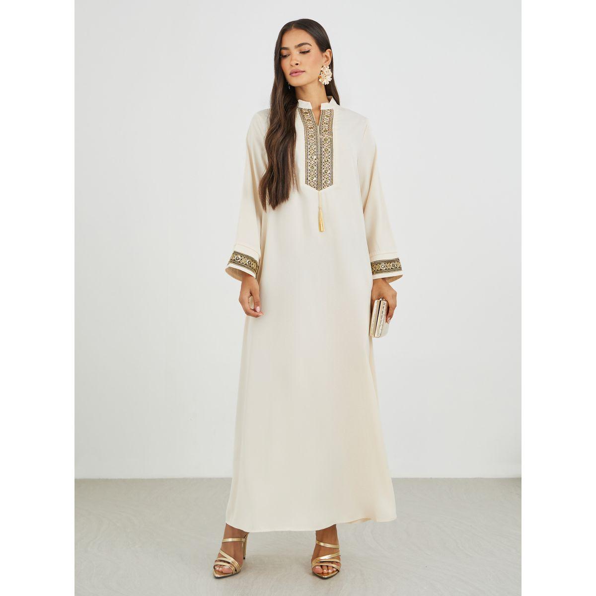 جلابية بتفاصيل شراشيب مع تداخل دانتيل-women-arabicclothing-jalabiyas-image-2