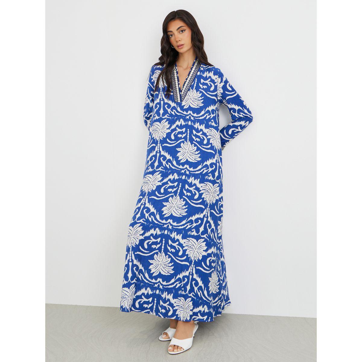 Styli Floral Print Lace Detail V-Neck A-Line Jalabiya-women-arabicclothing-jalabiyas-image-1