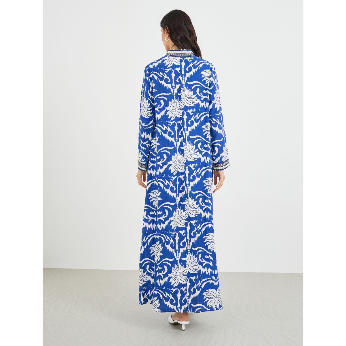 Styli Floral Print Lace Detail V-Neck A-Line Jalabiya-women-arabicclothing-jalabiyas-image-5