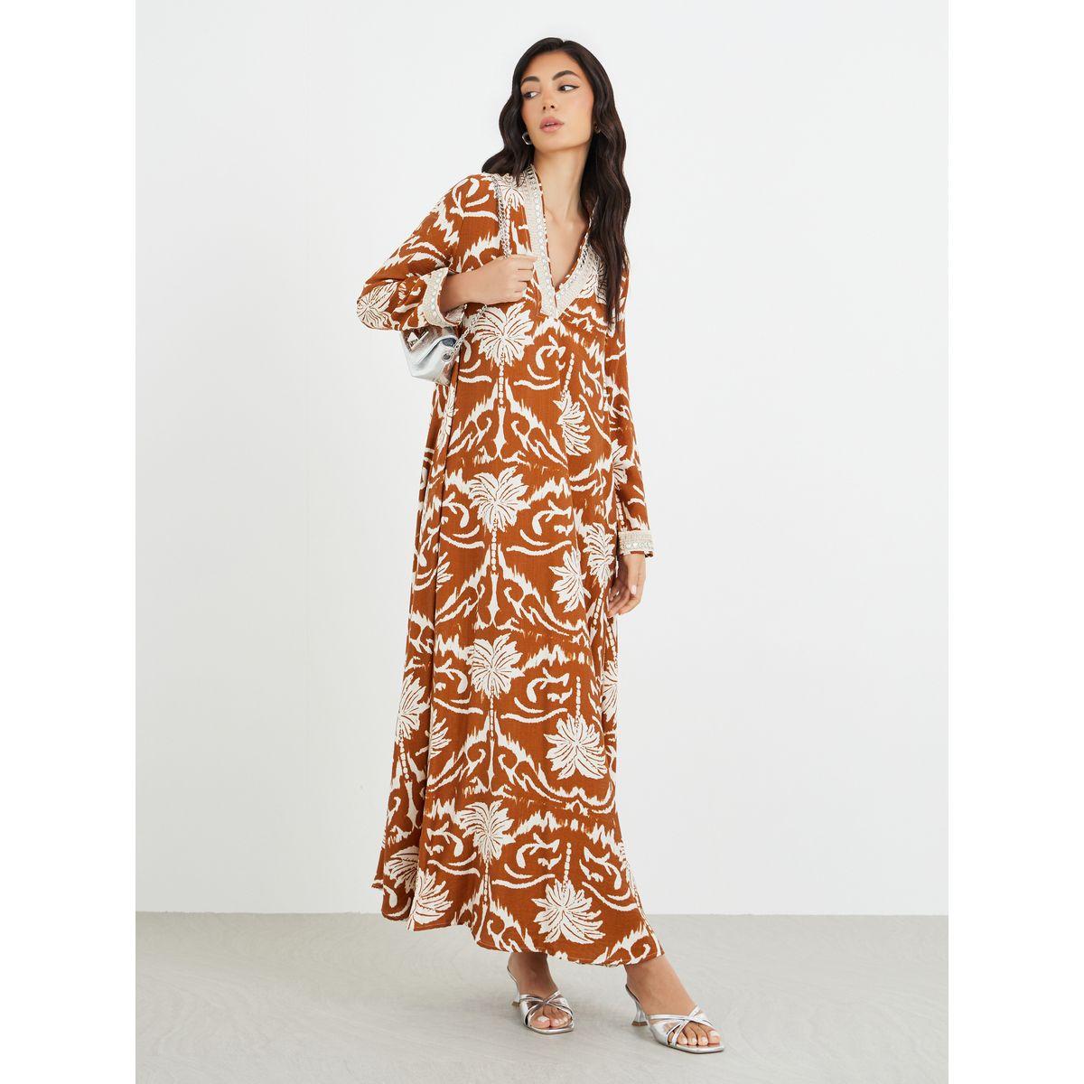 Amirah X Styli Floral Print Lace Detail V-Neck A-Line Jalabiya-women-arabicclothing-jalabiyas-image-1