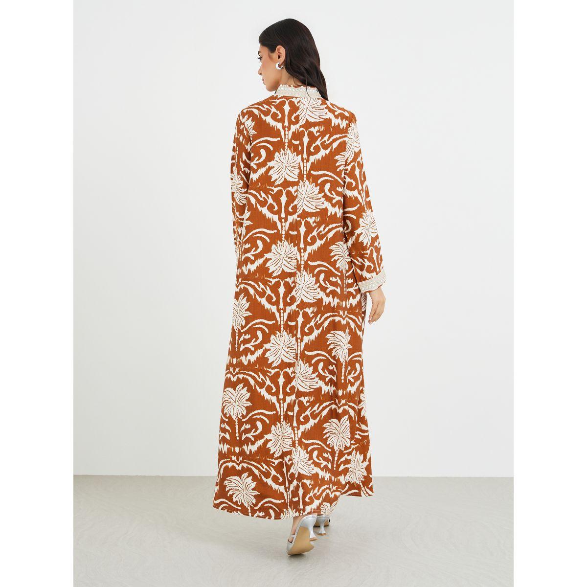 Amirah X Styli Floral Print Lace Detail V-Neck A-Line Jalabiya-women-arabicclothing-jalabiyas-image-5