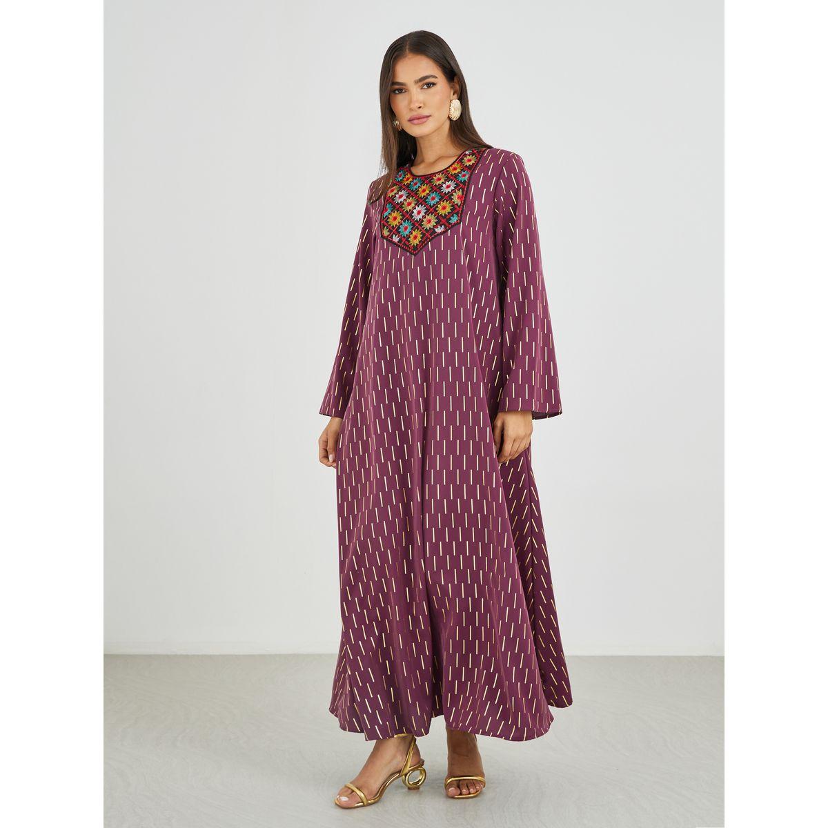 Styli Embellished Foil Print A-Line Jalabiya-women-arabicclothing-jalabiyas-image-1