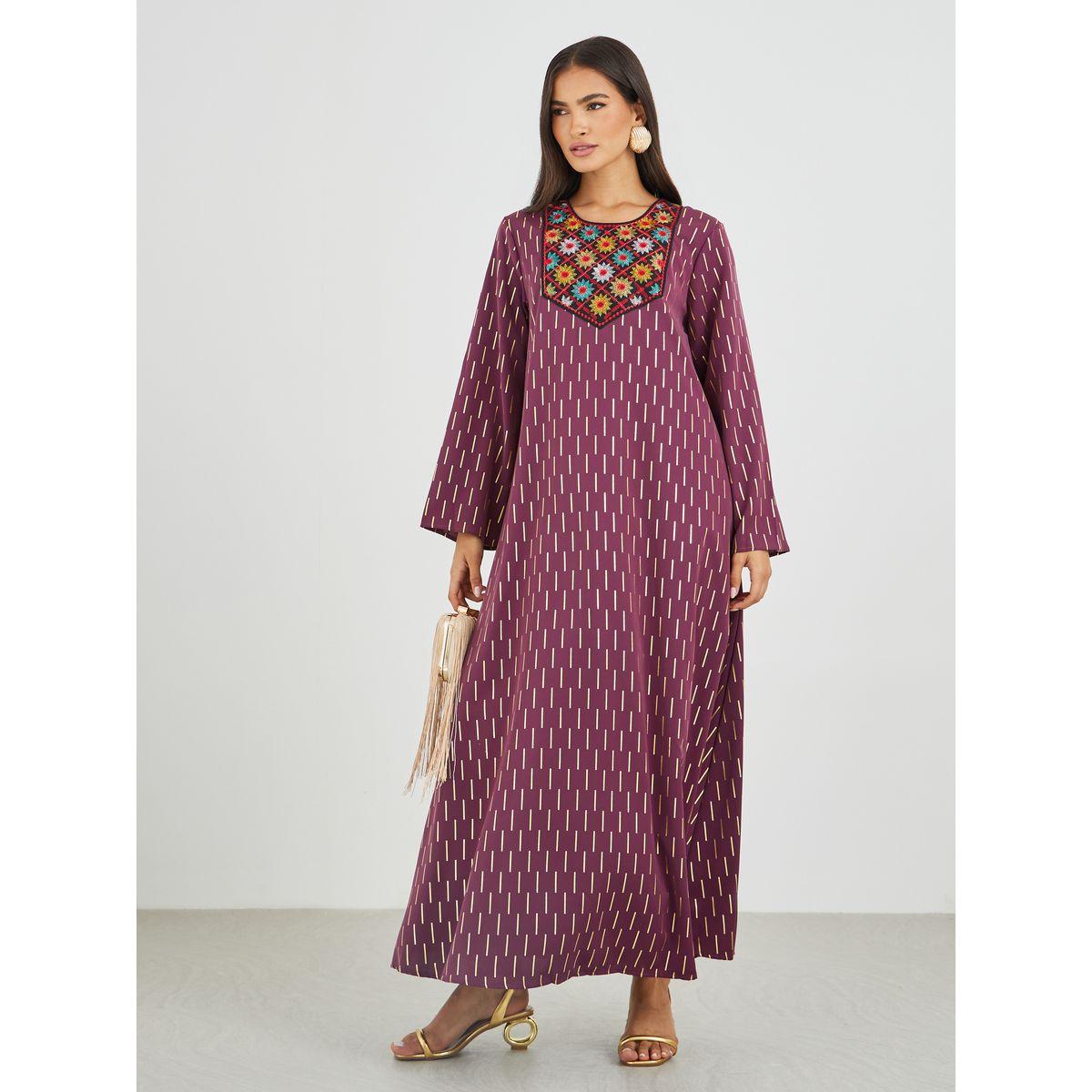Styli Embellished Foil Print A-Line Jalabiya-women-arabicclothing-jalabiyas-image-2