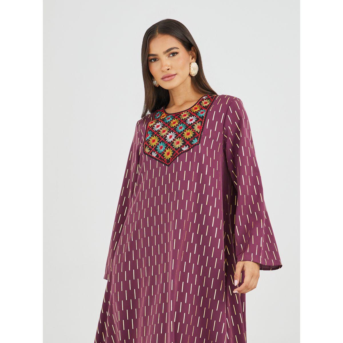 Styli Embellished Foil Print A-Line Jalabiya-women-arabicclothing-jalabiyas-image-3