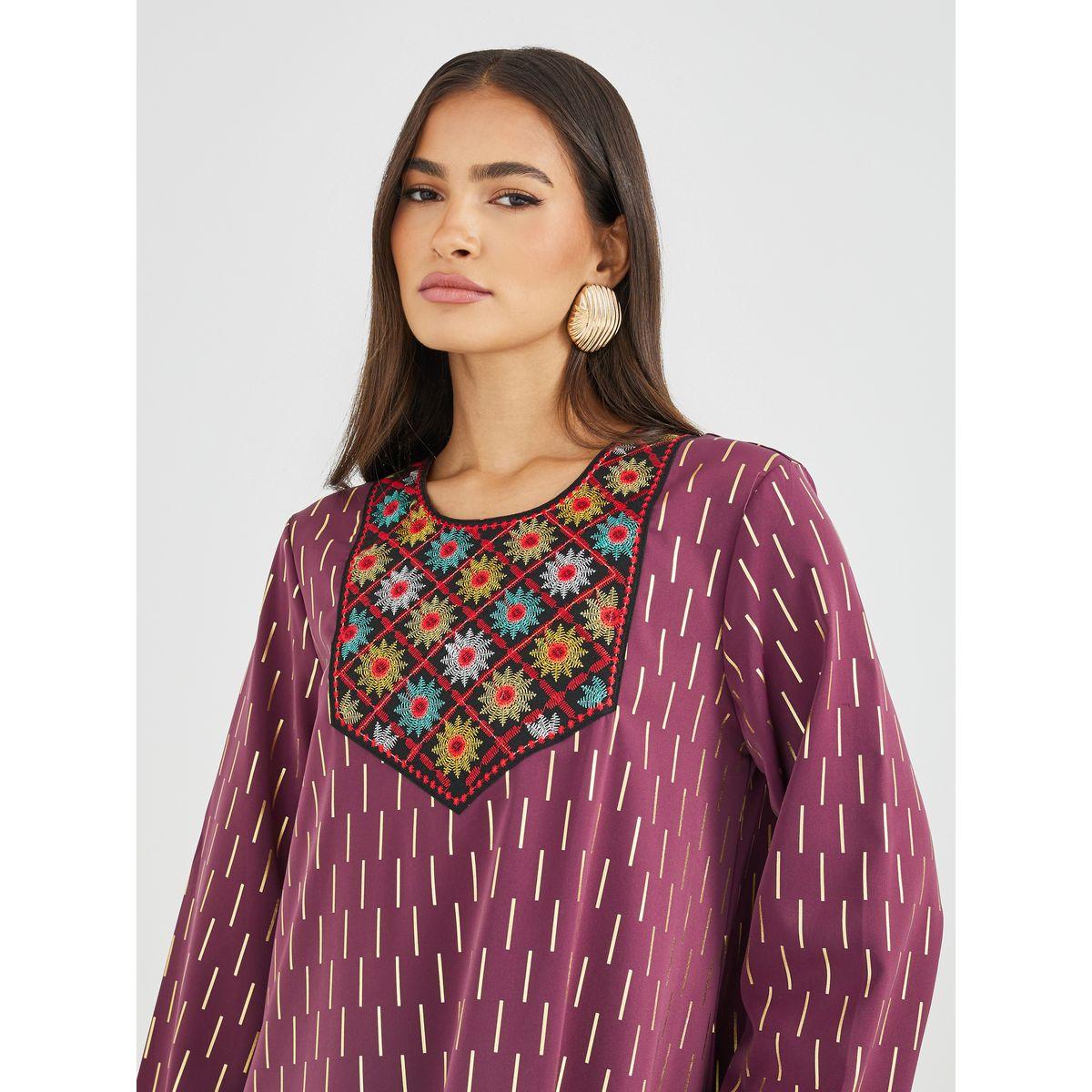Styli Embellished Foil Print A-Line Jalabiya-women-arabicclothing-jalabiyas-image-4