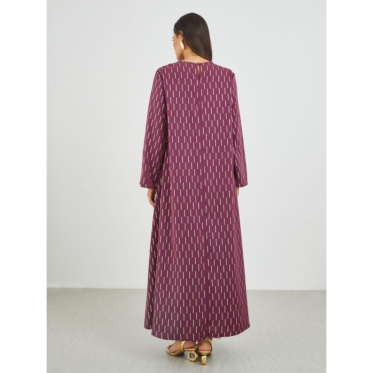 Styli Embellished Foil Print A-Line Jalabiya-women-arabicclothing-jalabiyas-image-5