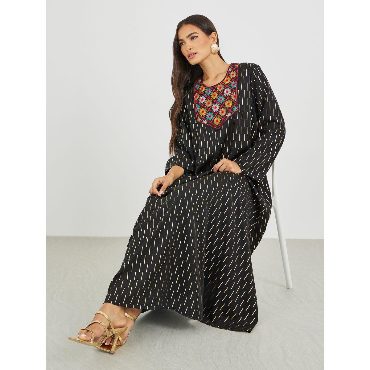 Styli Embellished Foil Print A-Line Jalabiya-women-arabicclothing-jalabiyas-image-1