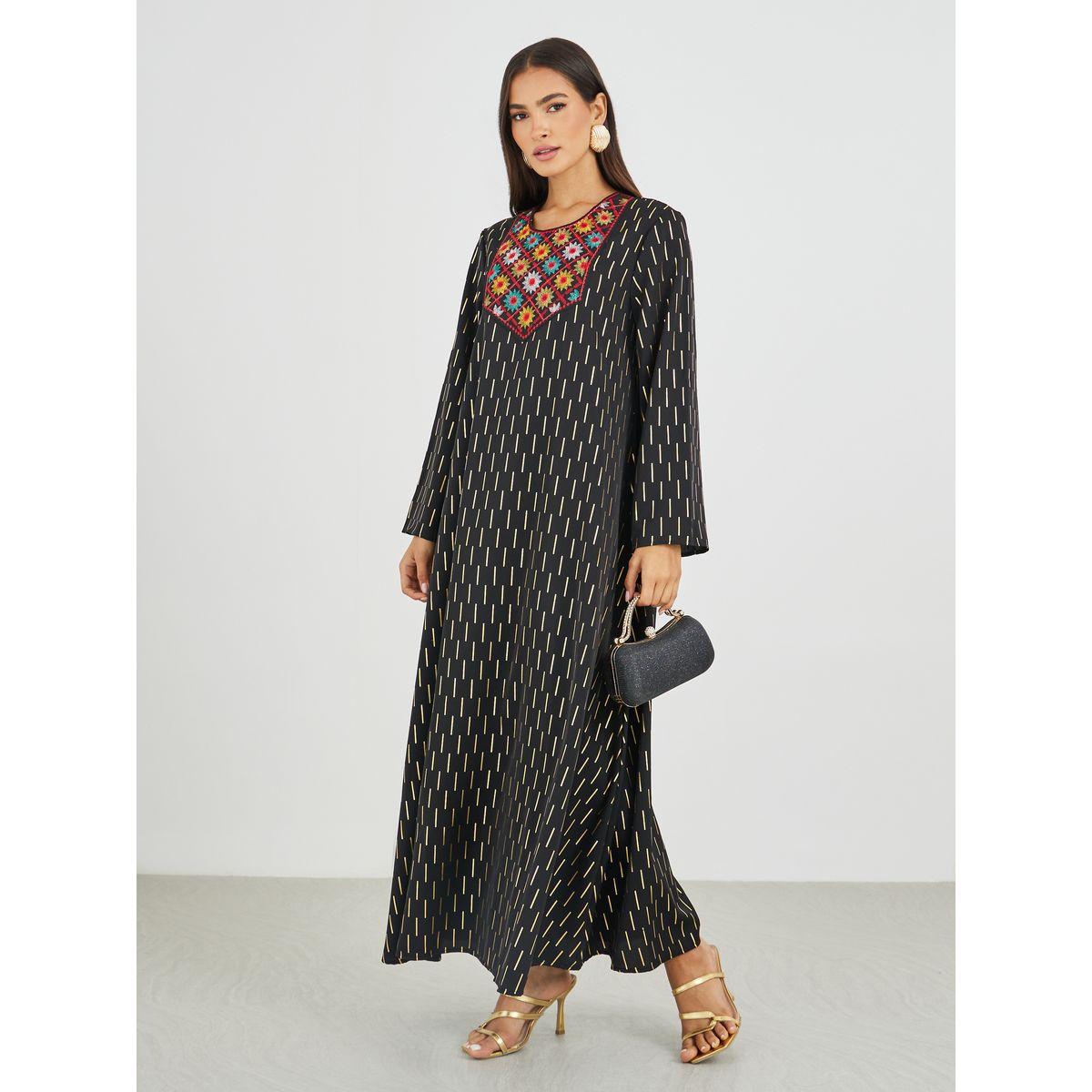 Styli Embellished Foil Print A-Line Jalabiya-women-arabicclothing-jalabiyas-image-2