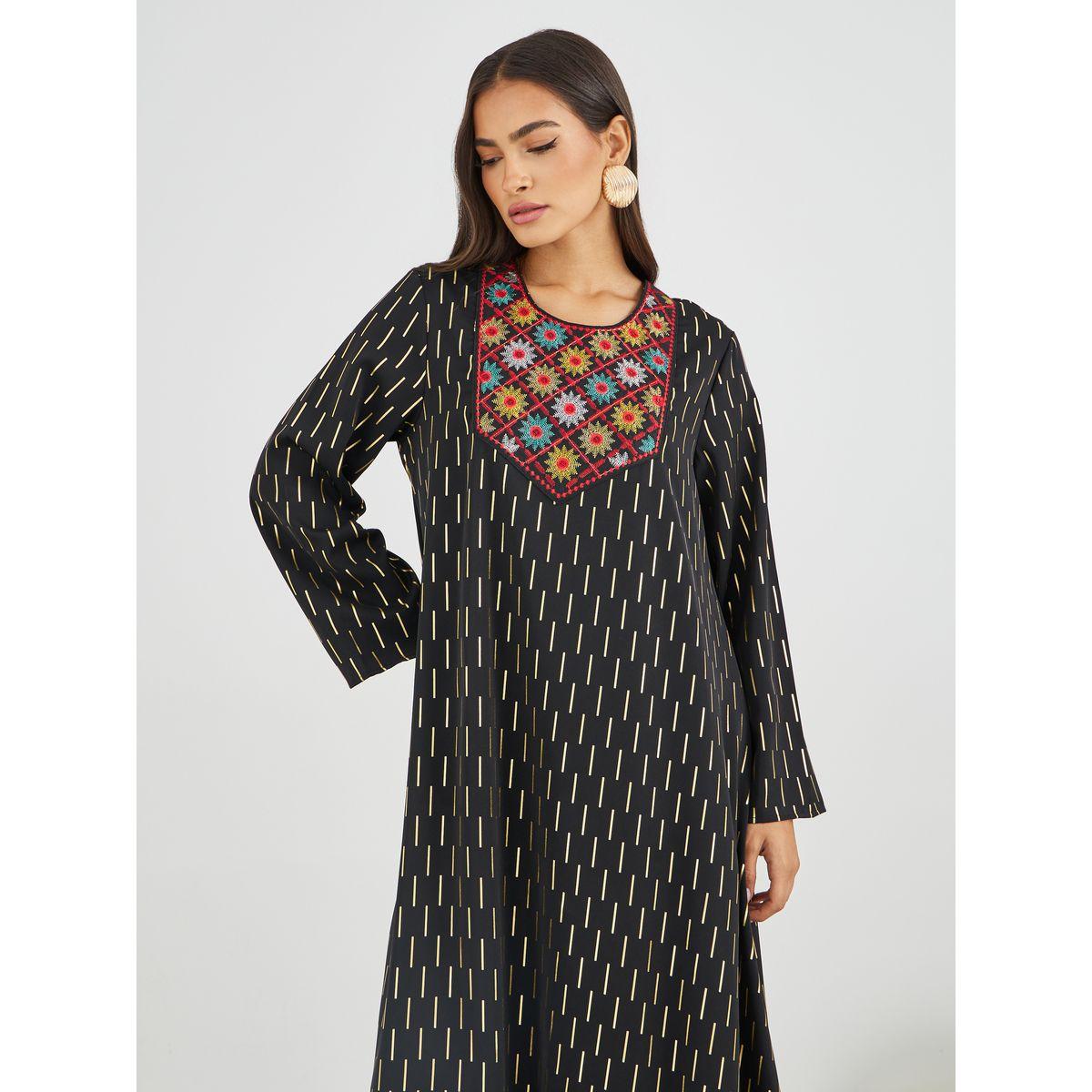 Styli Embellished Foil Print A-Line Jalabiya-women-arabicclothing-jalabiyas-image-3
