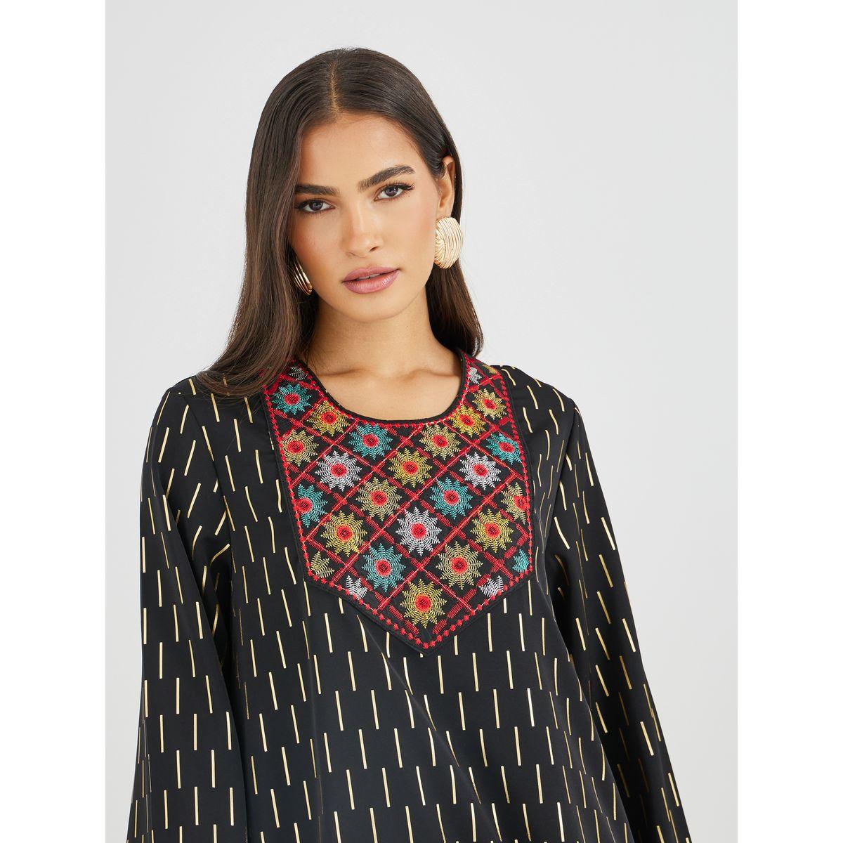 Styli Embellished Foil Print A-Line Jalabiya-women-arabicclothing-jalabiyas-image-4