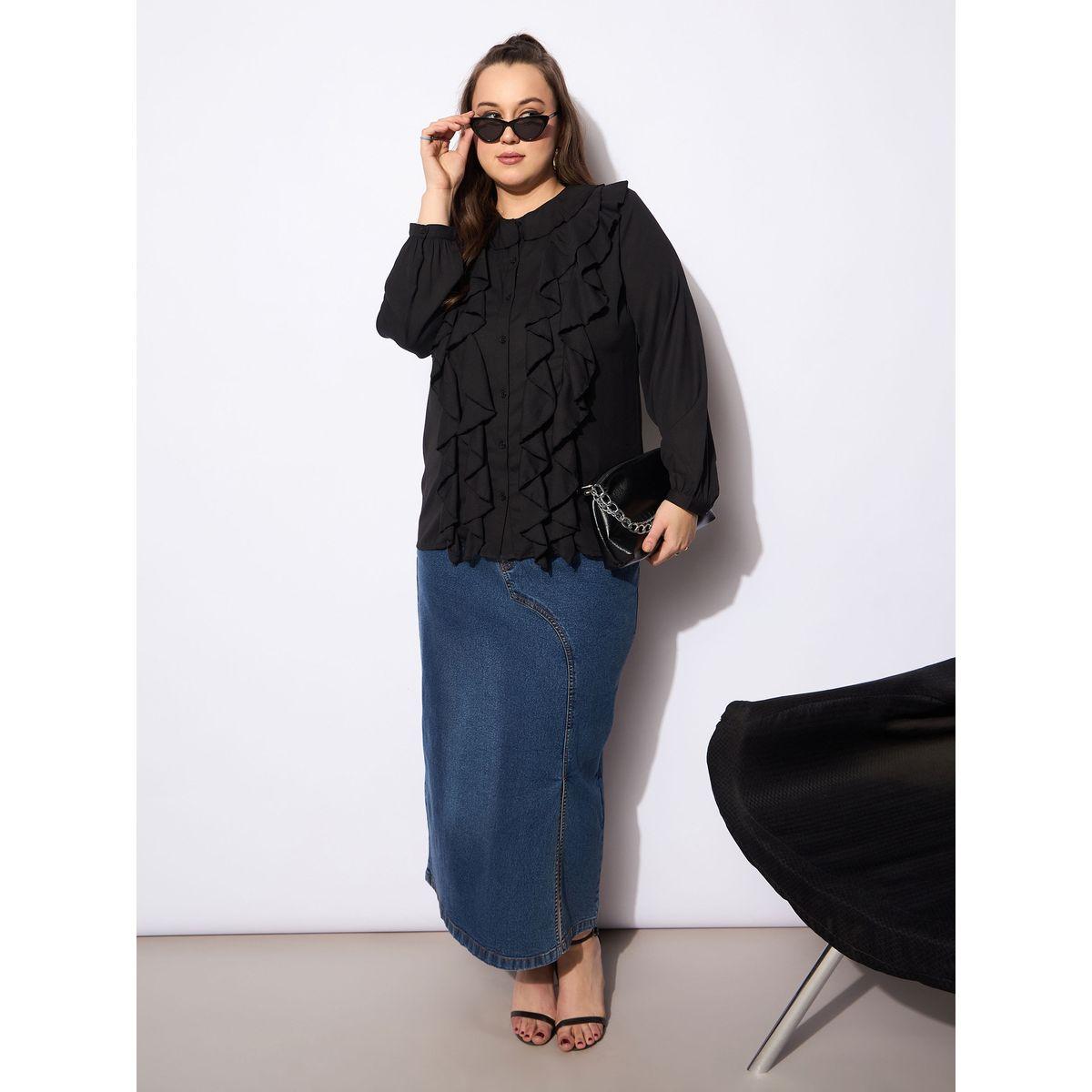 Sassafras Plus Size Solid Round Neck Top with Ruffled Detail-women-clothing-shirtsandblouses-blouses-image-2