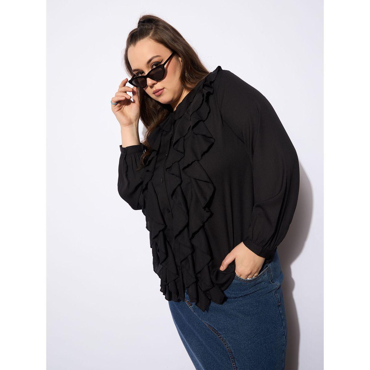 Sassafras Plus Size Solid Round Neck Top with Ruffled Detail-women-clothing-shirtsandblouses-blouses-image-3