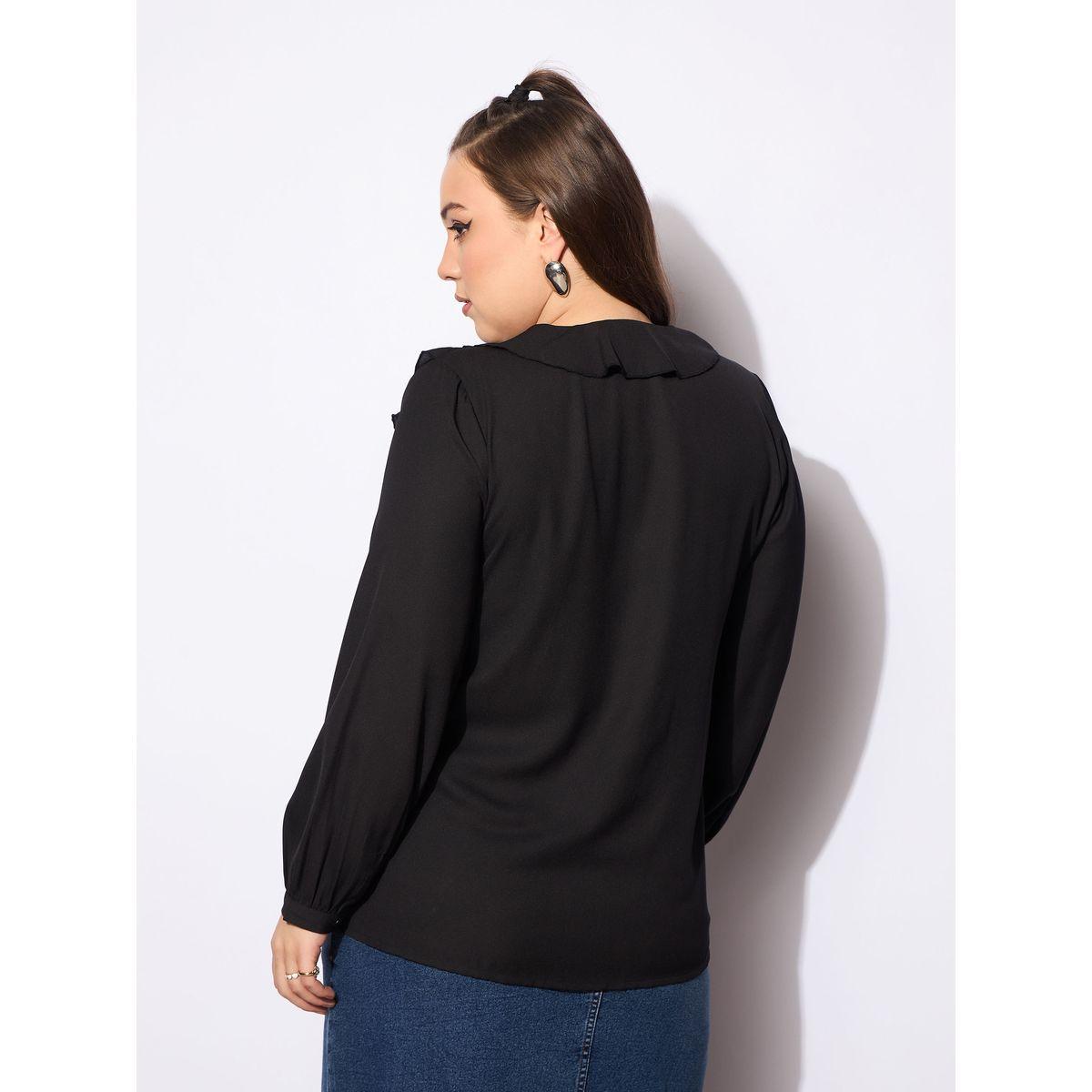 Sassafras Plus Size Solid Round Neck Top with Ruffled Detail-women-clothing-shirtsandblouses-blouses-image-5