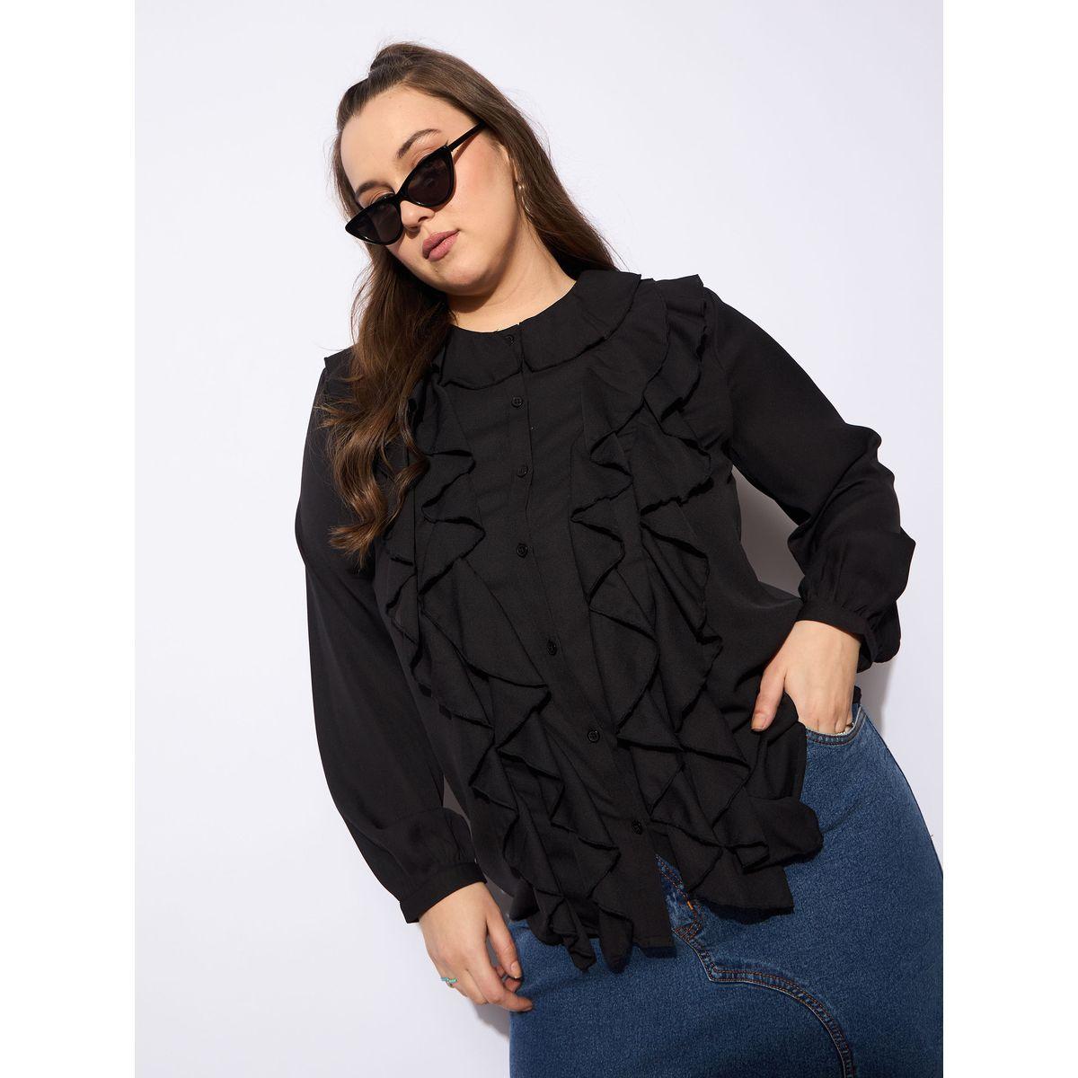 بلوزة سادة بمقاس كبير وياقة دائرية مع كشكش-women-clothing-shirtsandblouses-blouses-image-1