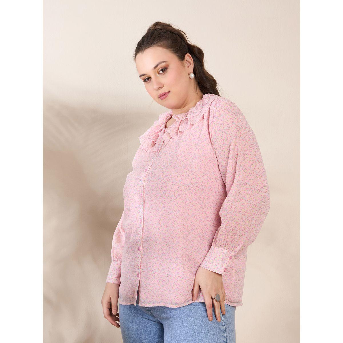 Sassafras Plus Size Pink Floral Print Long Sleeve Regular Fit Shirt-women-clothing-shirtsandblouses-shirts-image-3