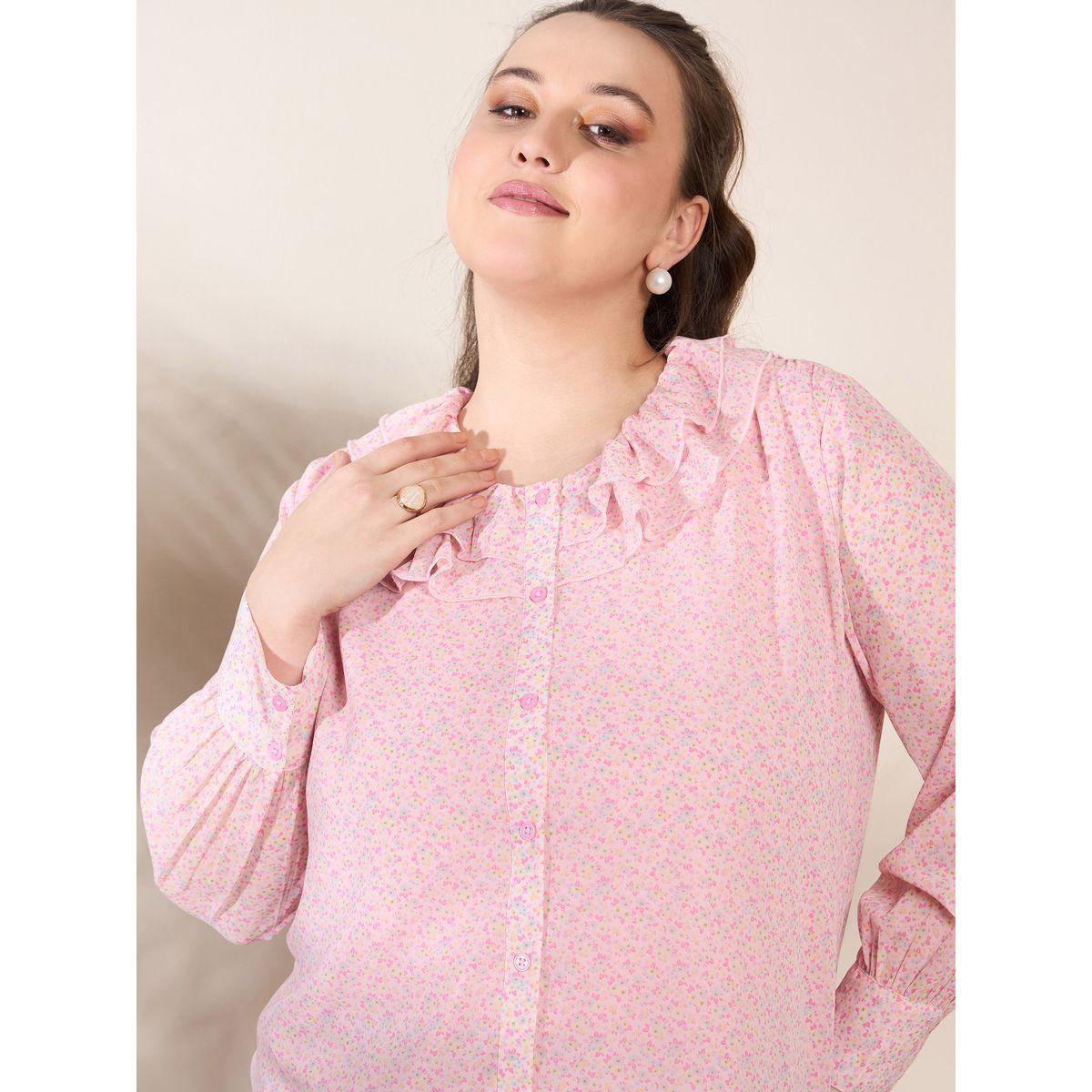 Sassafras Plus Size Pink Floral Print Long Sleeve Regular Fit Shirt-women-clothing-shirtsandblouses-shirts-image-4