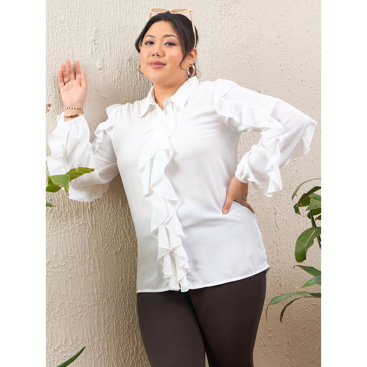 Sassafras Plus Size White Solid Ruffled Long Sleeve Regular Fit Shirt-women-clothing-shirtsandblouses-shirts-image-1