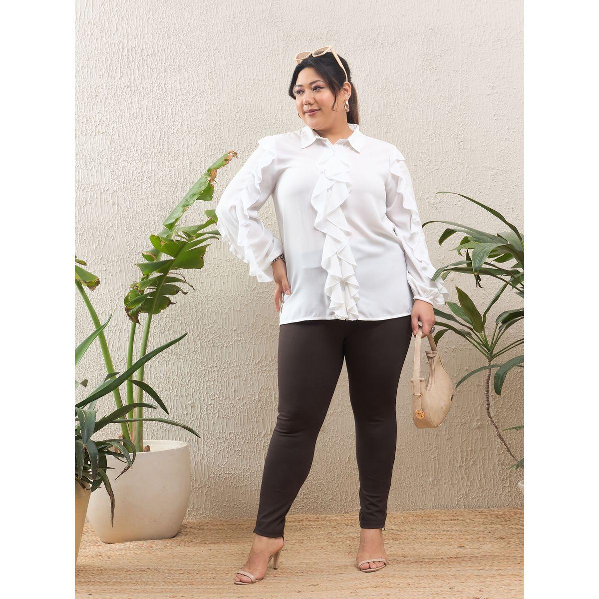 Sassafras Plus Size White Solid Ruffled Long Sleeve Regular Fit Shirt-women-clothing-shirtsandblouses-shirts-image-2