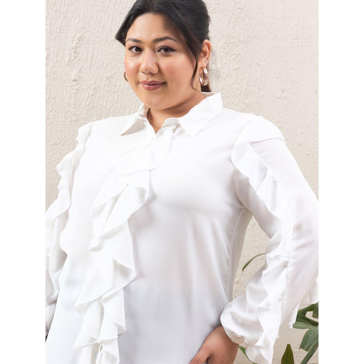 Sassafras Plus Size White Solid Ruffled Long Sleeve Regular Fit Shirt-women-clothing-shirtsandblouses-shirts-image-4