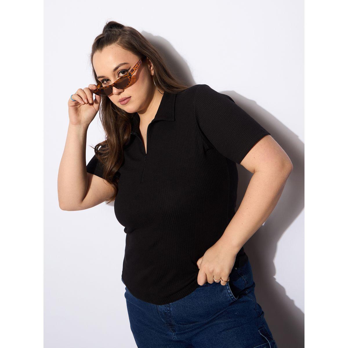 بلوزة بمقاس كبير وياقة بولو مع سحَّاب غلق-women-clothing-tshirts-image-1