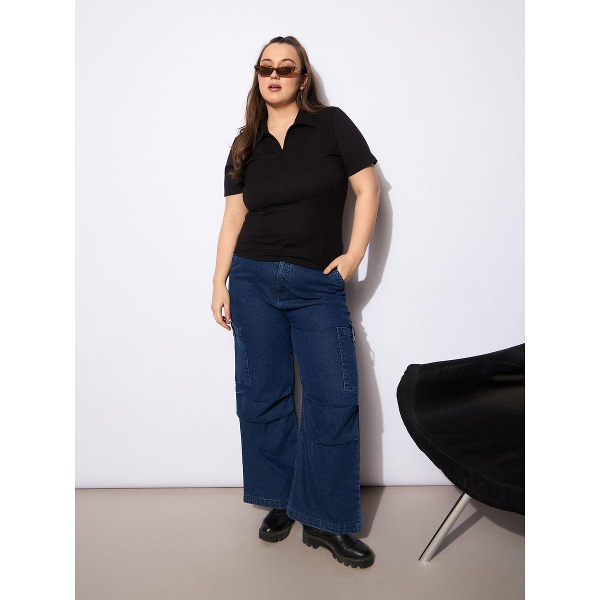 Sassafras Plus Size Rib Front Zipper Polo Neck Top-women-clothing-tshirts-image-2