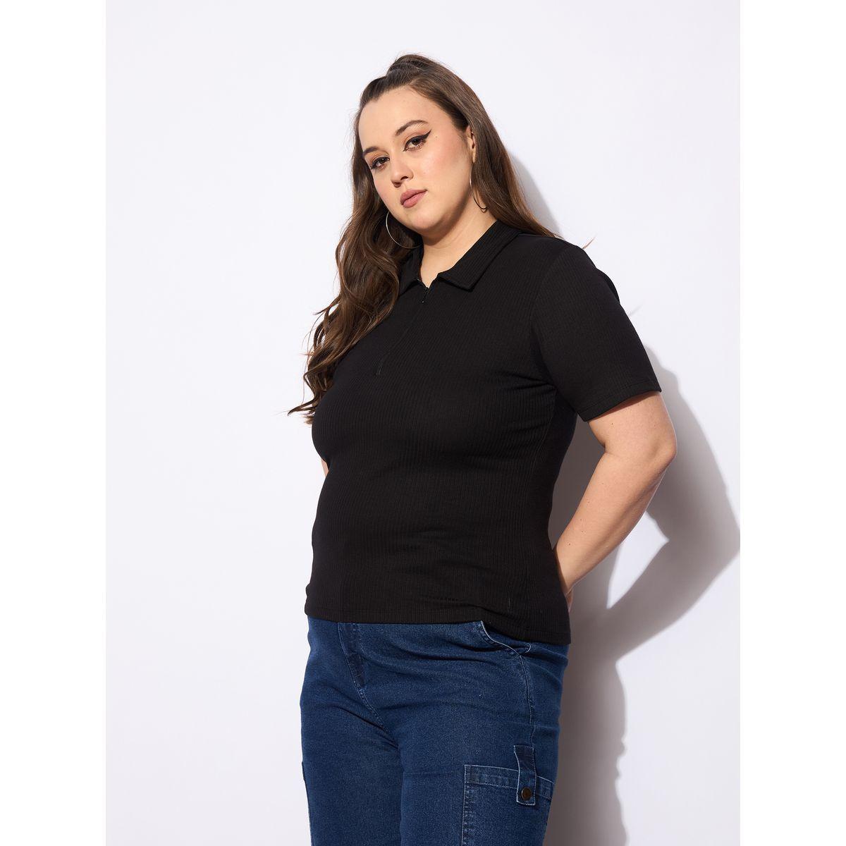 بلوزة بمقاس كبير وياقة بولو مع سحَّاب غلق-women-clothing-tshirts-image-3