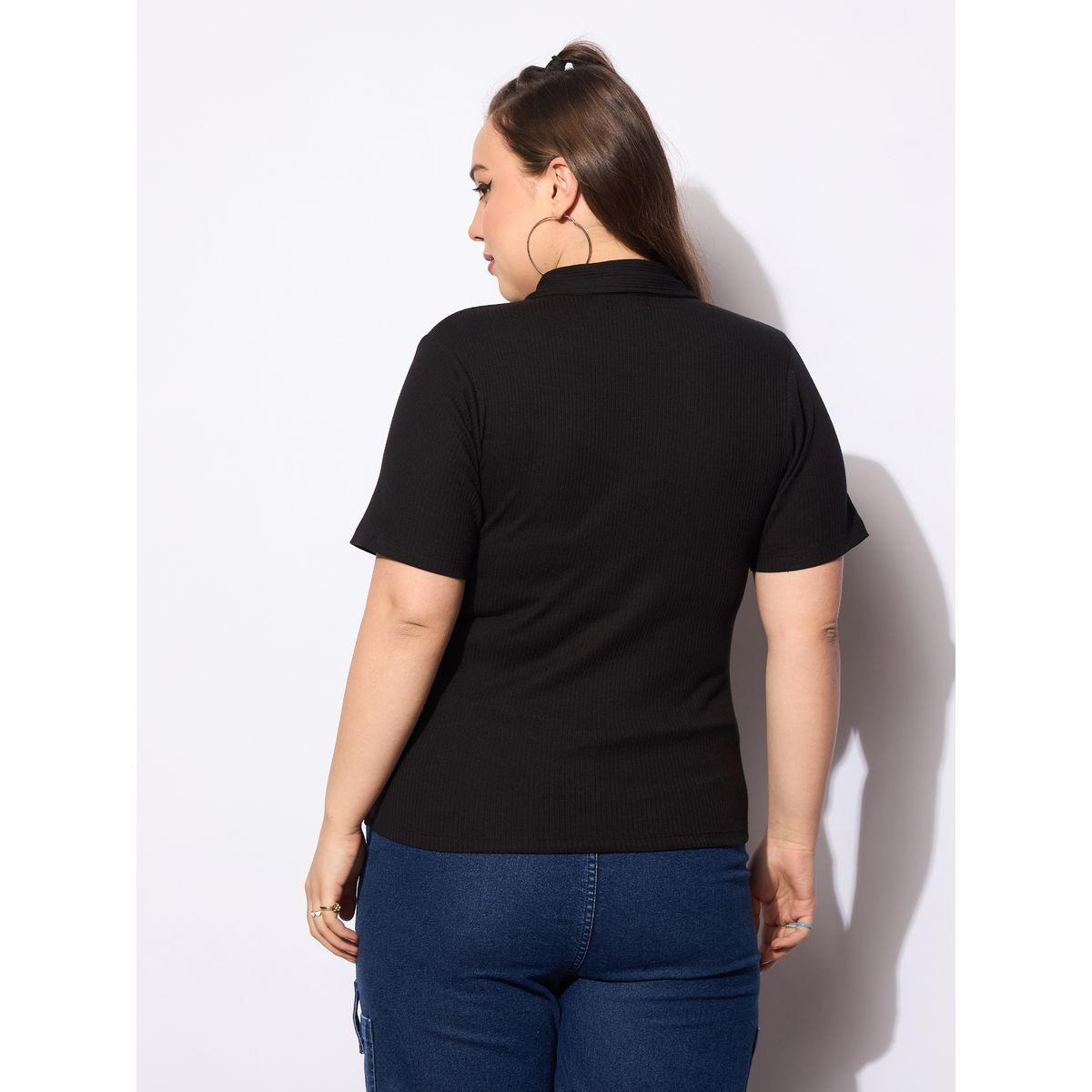 Sassafras Plus Size Rib Front Zipper Polo Neck Top-women-clothing-tshirts-image-5